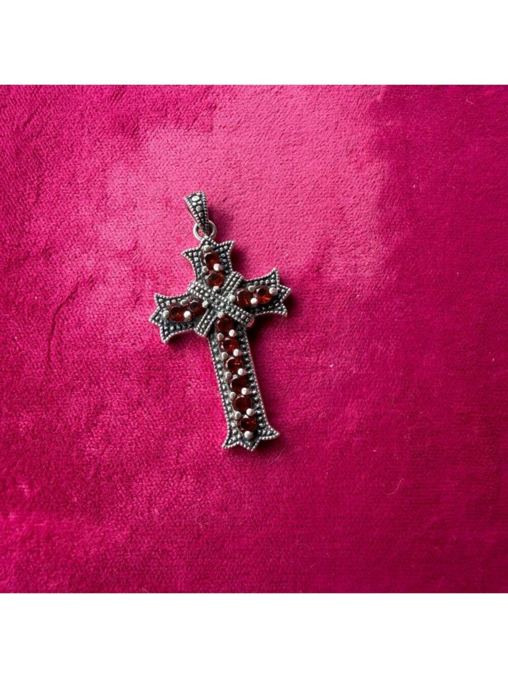 925 Sterling Silver Red Garnet Cross Pendant Necklace Milgrain Gothic Victorian